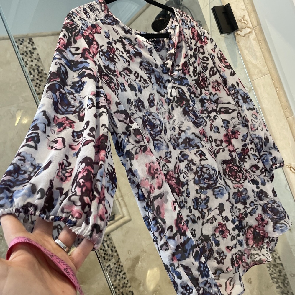 Chaps Ralph Lauren Women 1X Peasant Blouse Floral Balloon Sleeve Pink Semi Sheer